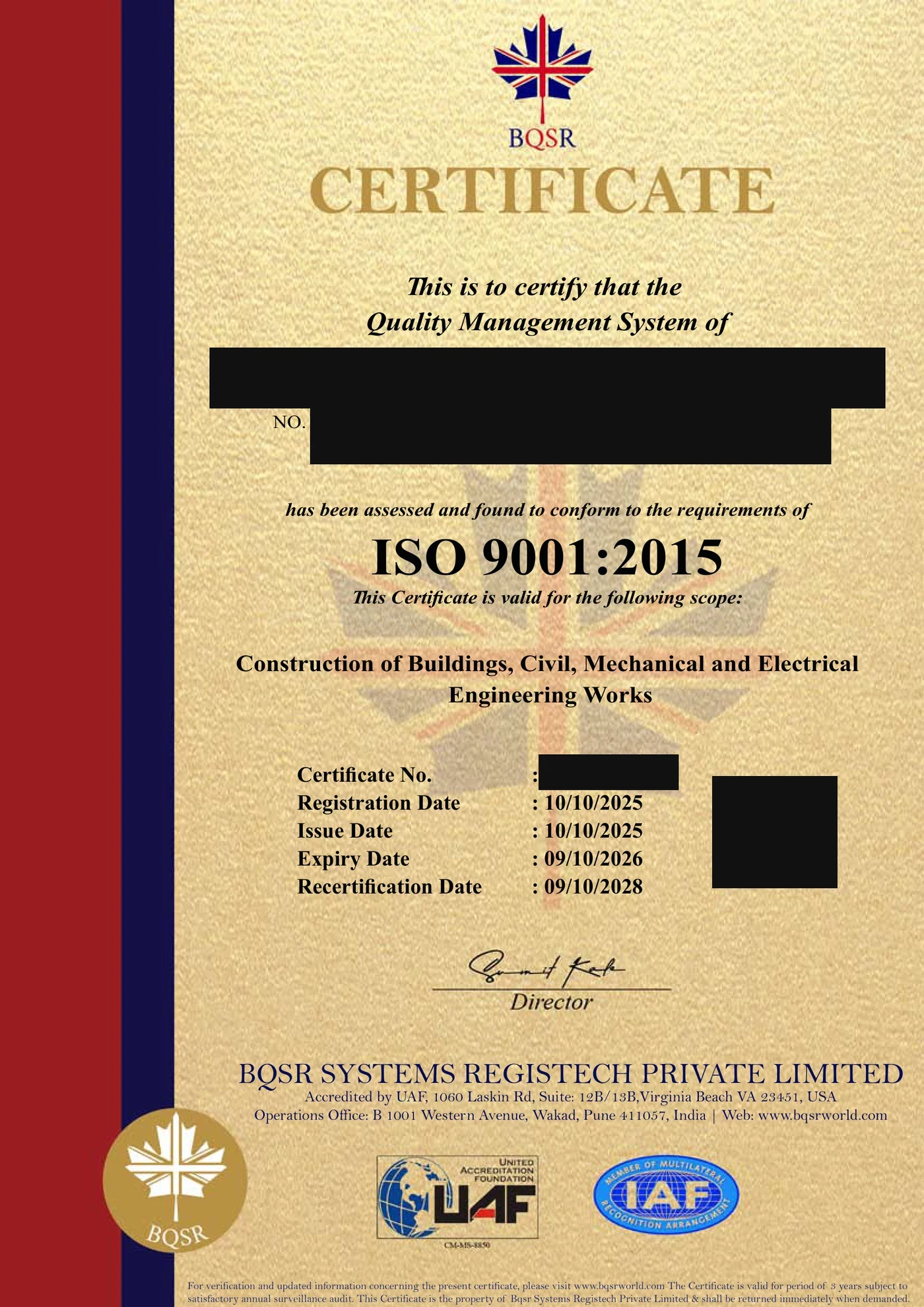 Sijil ISO 9001 2015, butiran identiti ditutup