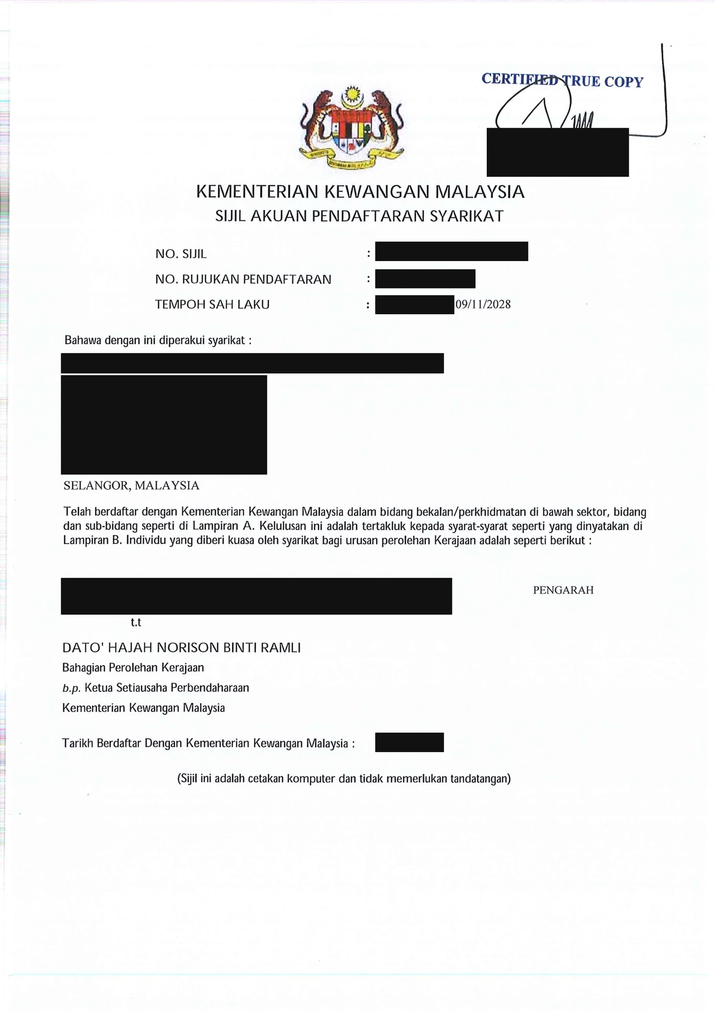 Sijil Akuan Pendaftaran Syarikat Kementerian Kewangan Malaysia, butiran identiti ditutup