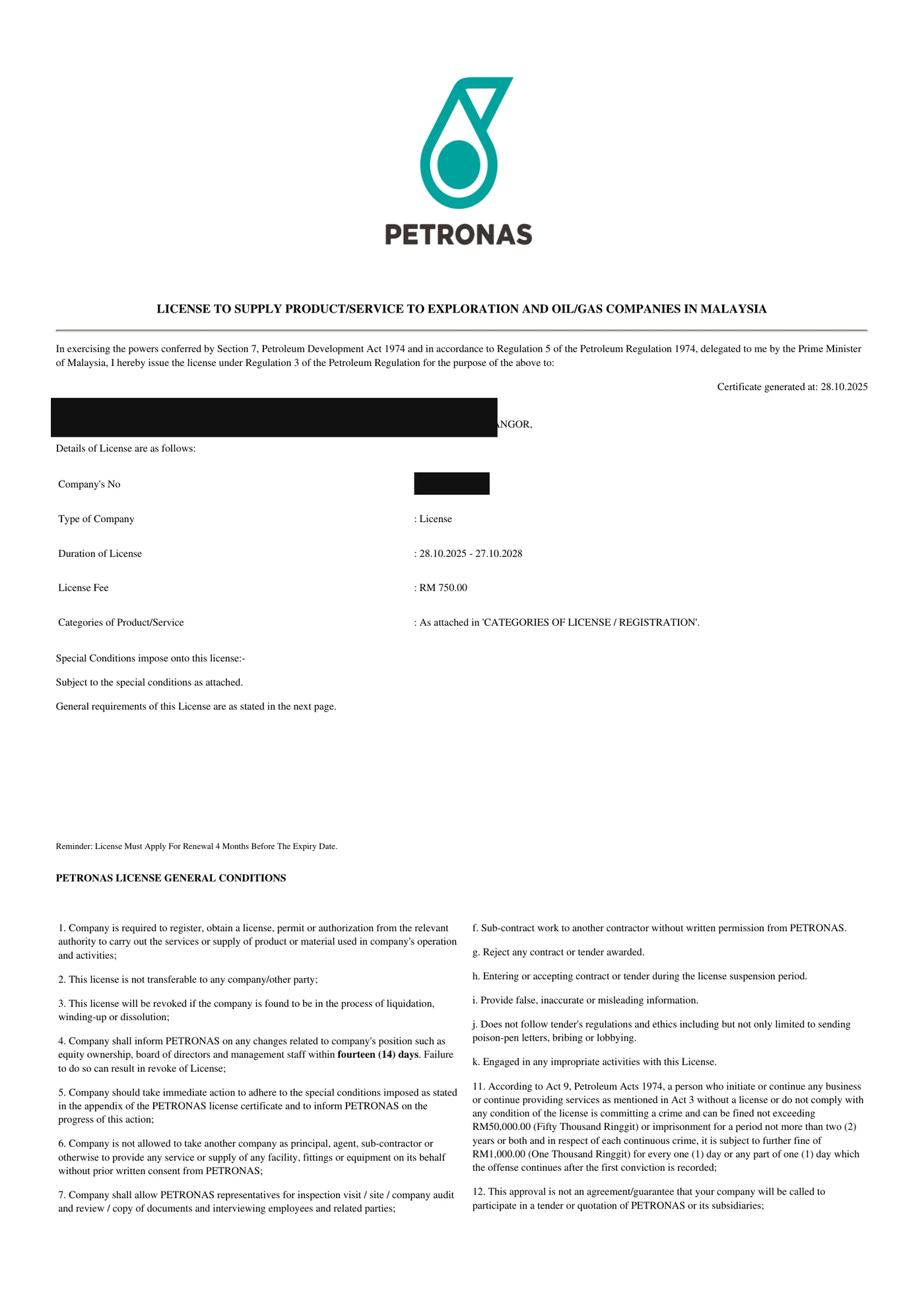 Lesen PETRONAS untuk membekal produk dan perkhidmatan, butiran identiti ditutup