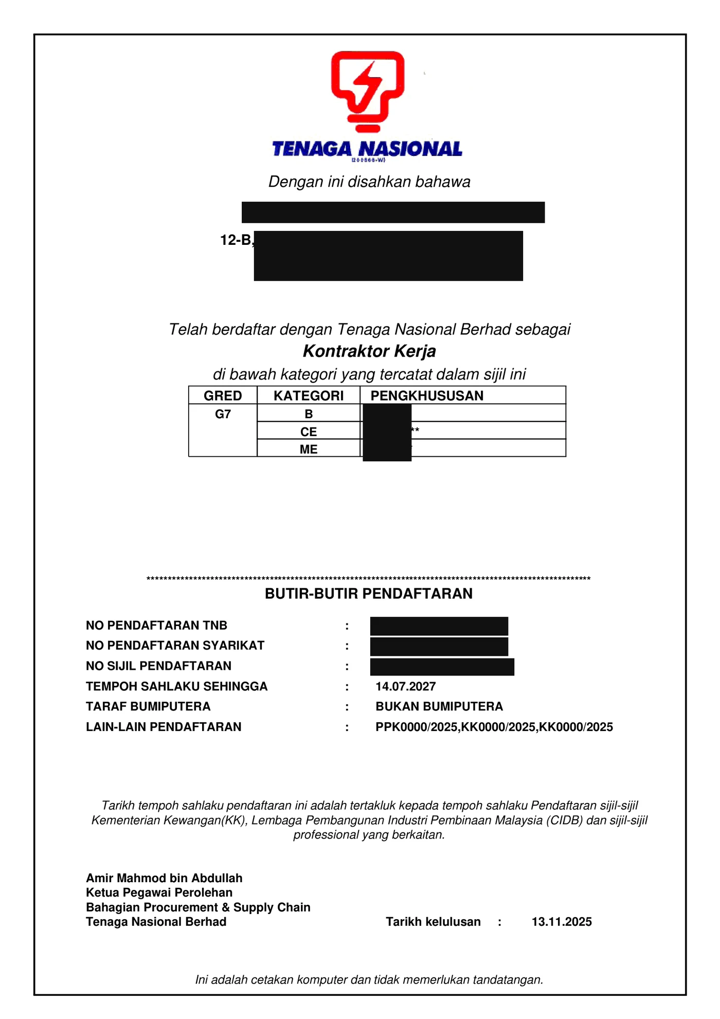 Sijil pendaftaran TNB sebagai kontraktor kerja gred G7, butiran identiti ditutup