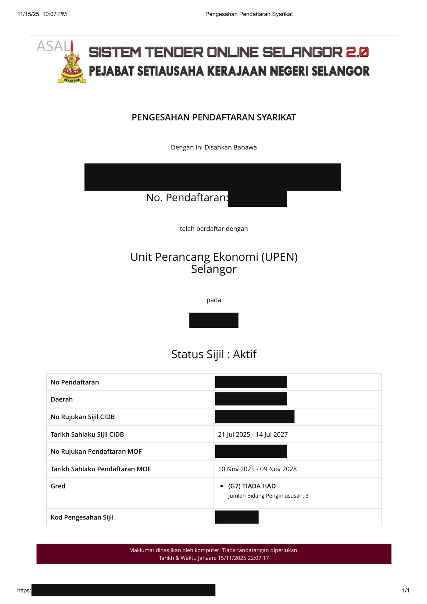 Pengesahan pendaftaran syarikat UPEN Selangor, butiran identiti ditutup