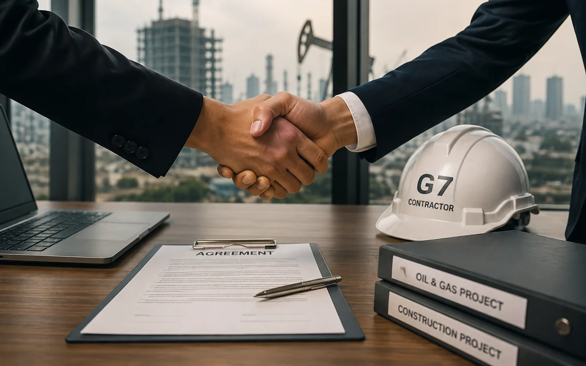 Two parties shaking hands over an agreement, with a G7 marked safety helmet and oil and gas and construction project files beside them