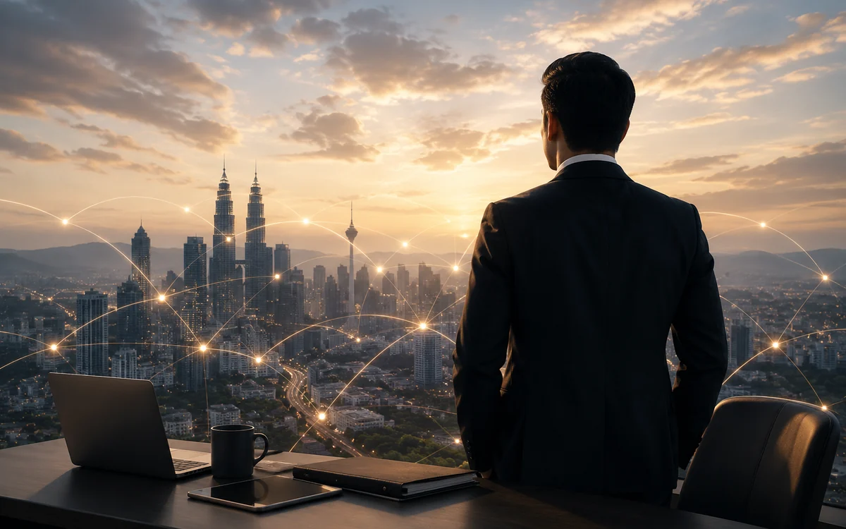 A businessman looking out over the Kuala Lumpur skyline with network lines linking cities across the country