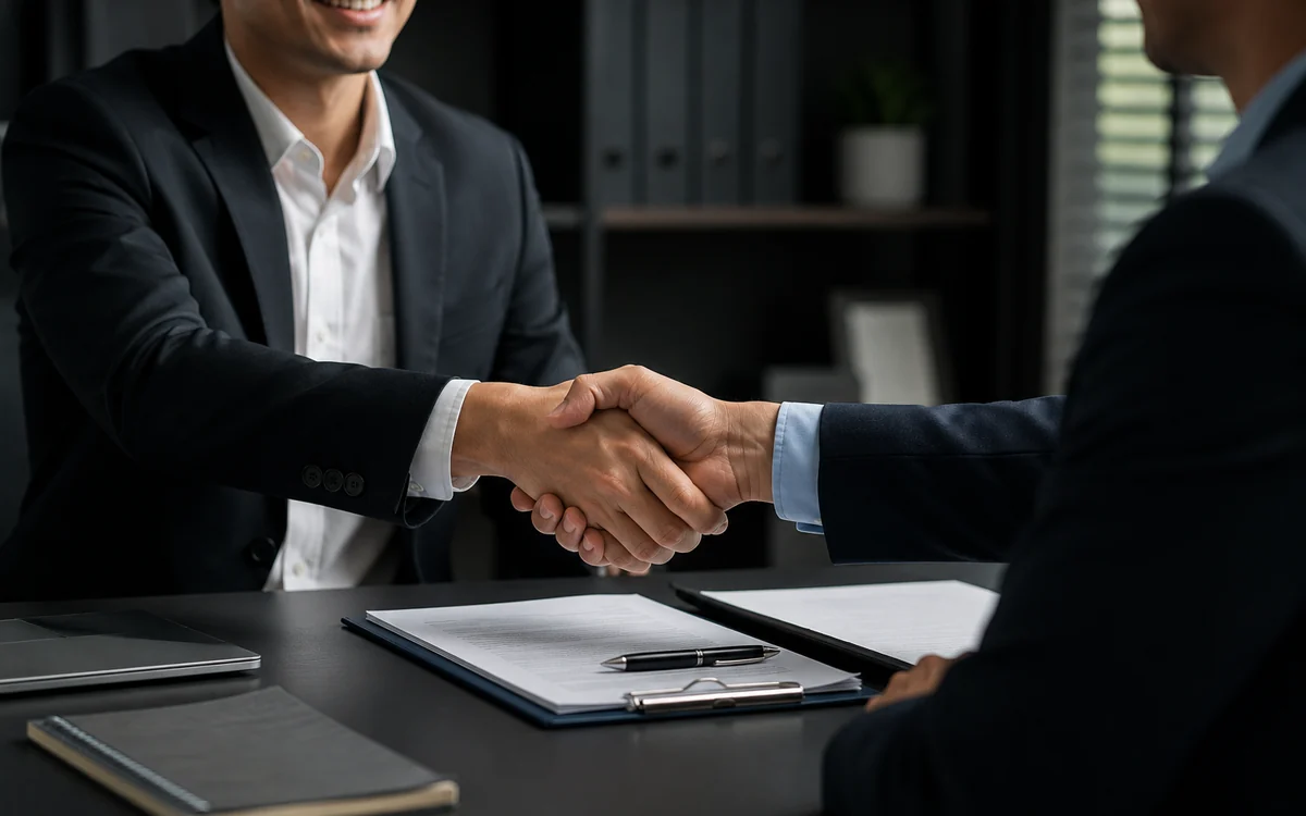 Two parties shaking hands across a meeting table with agreement documents open in front of them