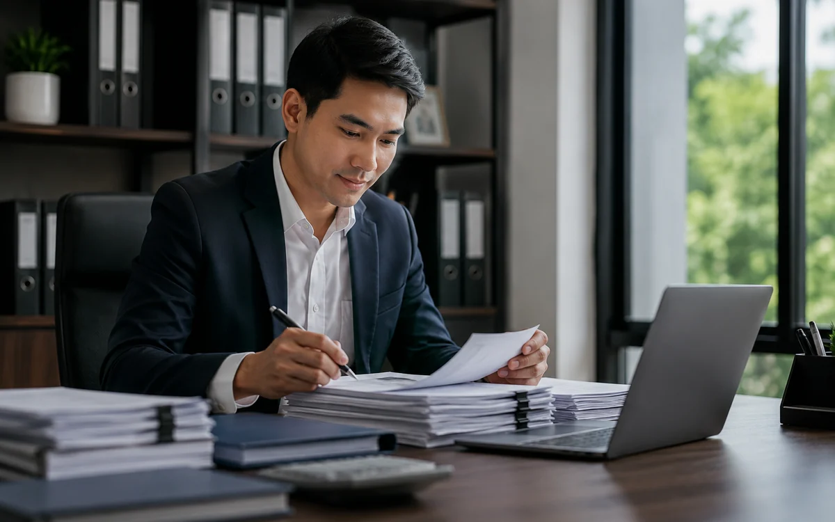 A man reviewing stacks of licence and registration documents at an office desk